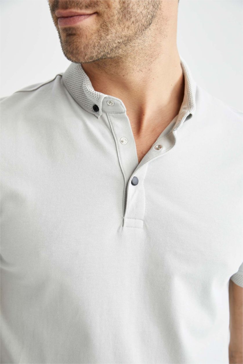 Erkek Açık Taş Slim Fit Dar Kesim Kısa Kollu Basic Düz Polo Tişört