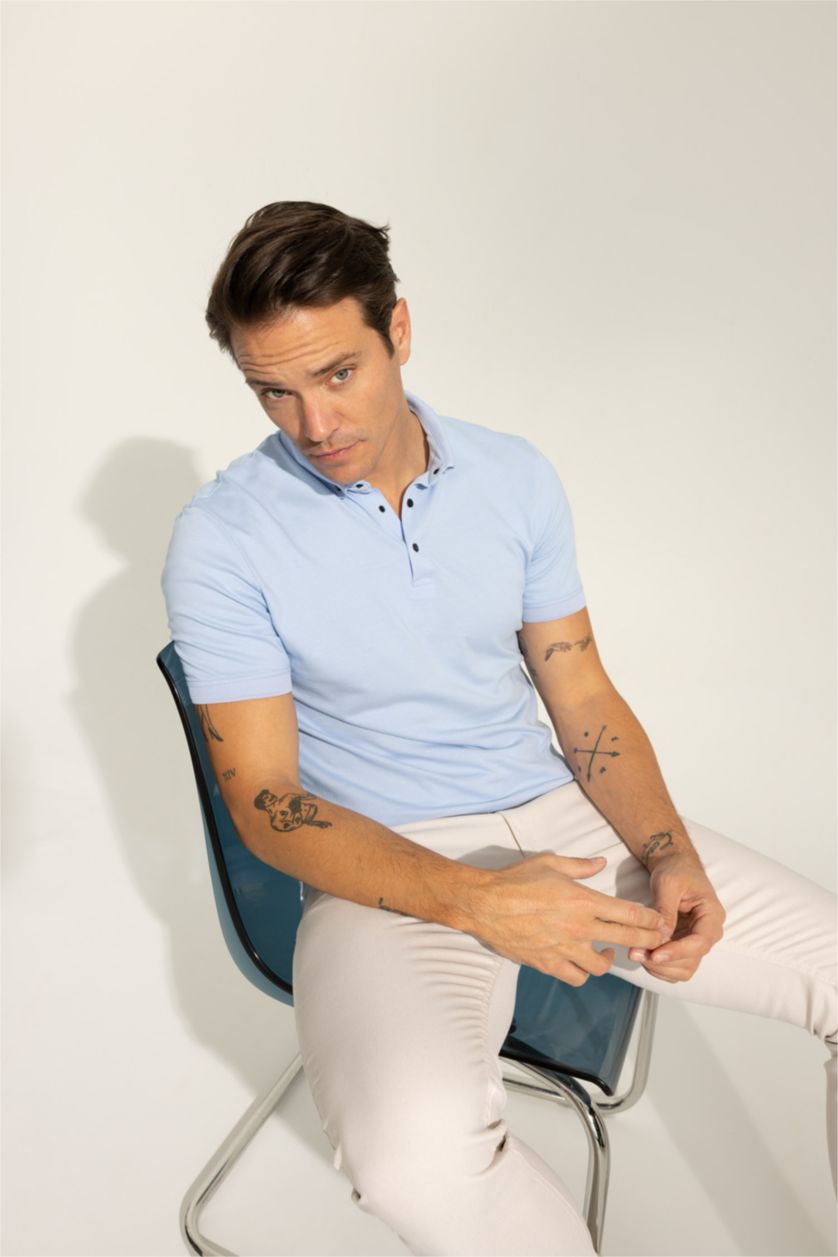 رجال أزرق Slim Fit Pique Short Sleeve Polo T-Shirt