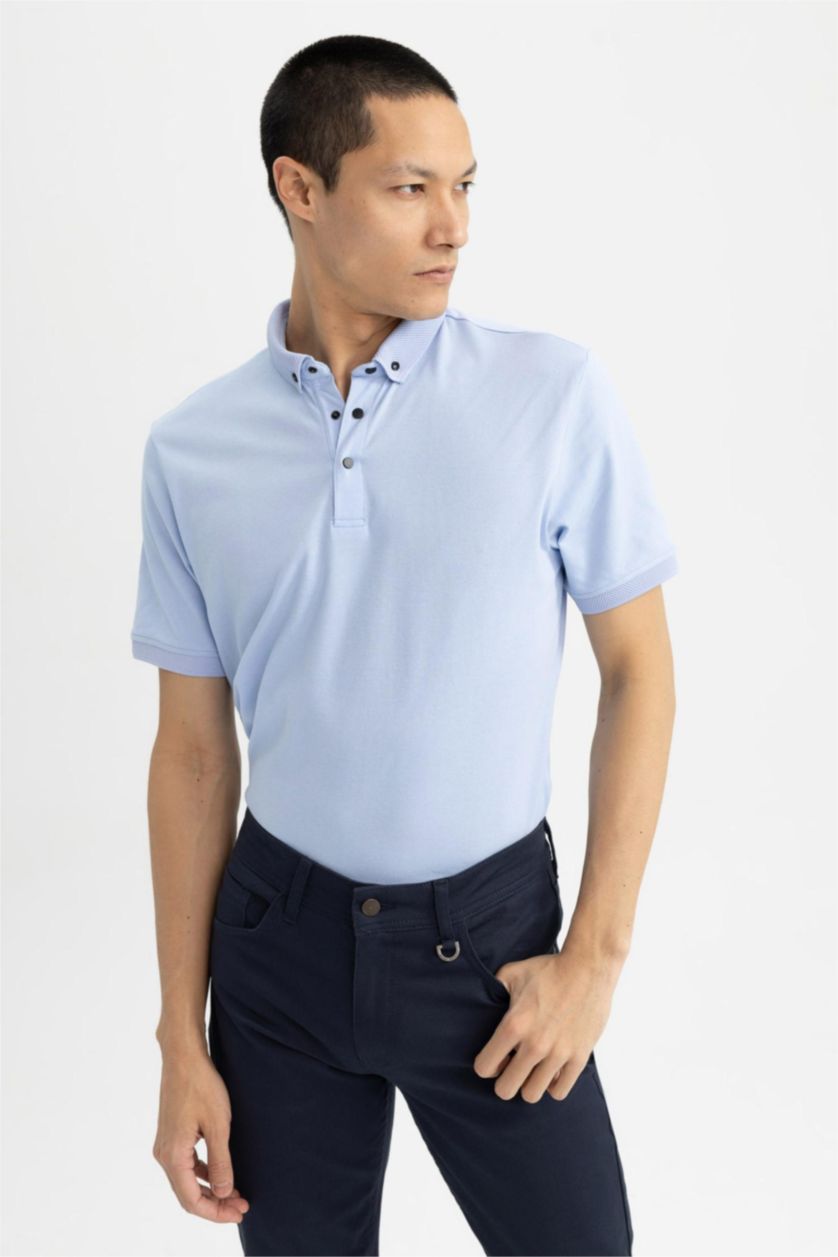 رجال أزرق Slim Fit Pique Short Sleeve Polo T-Shirt