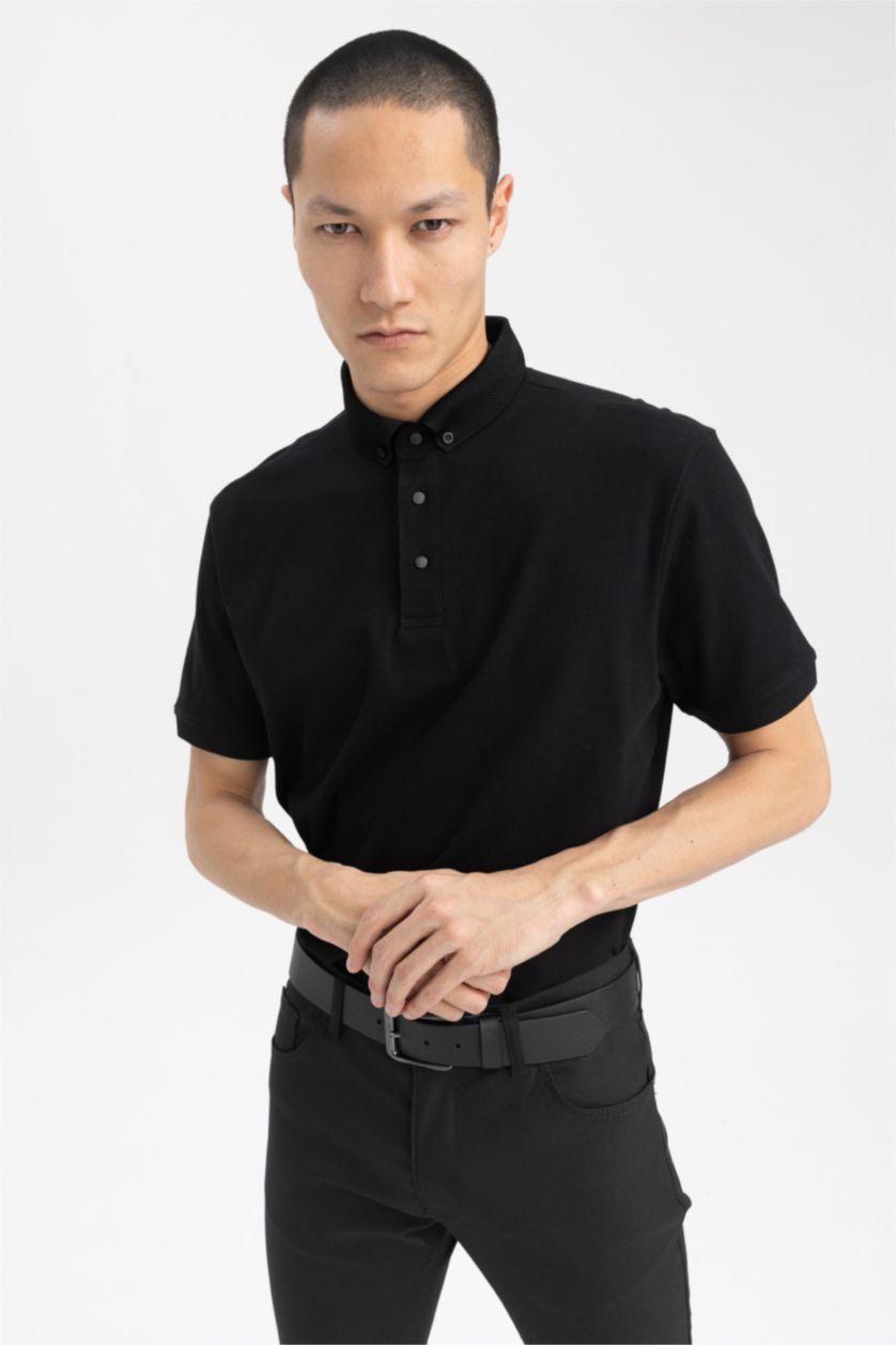MAN Black Slim Fit Pique Short Sleeve Polo T-Shirt