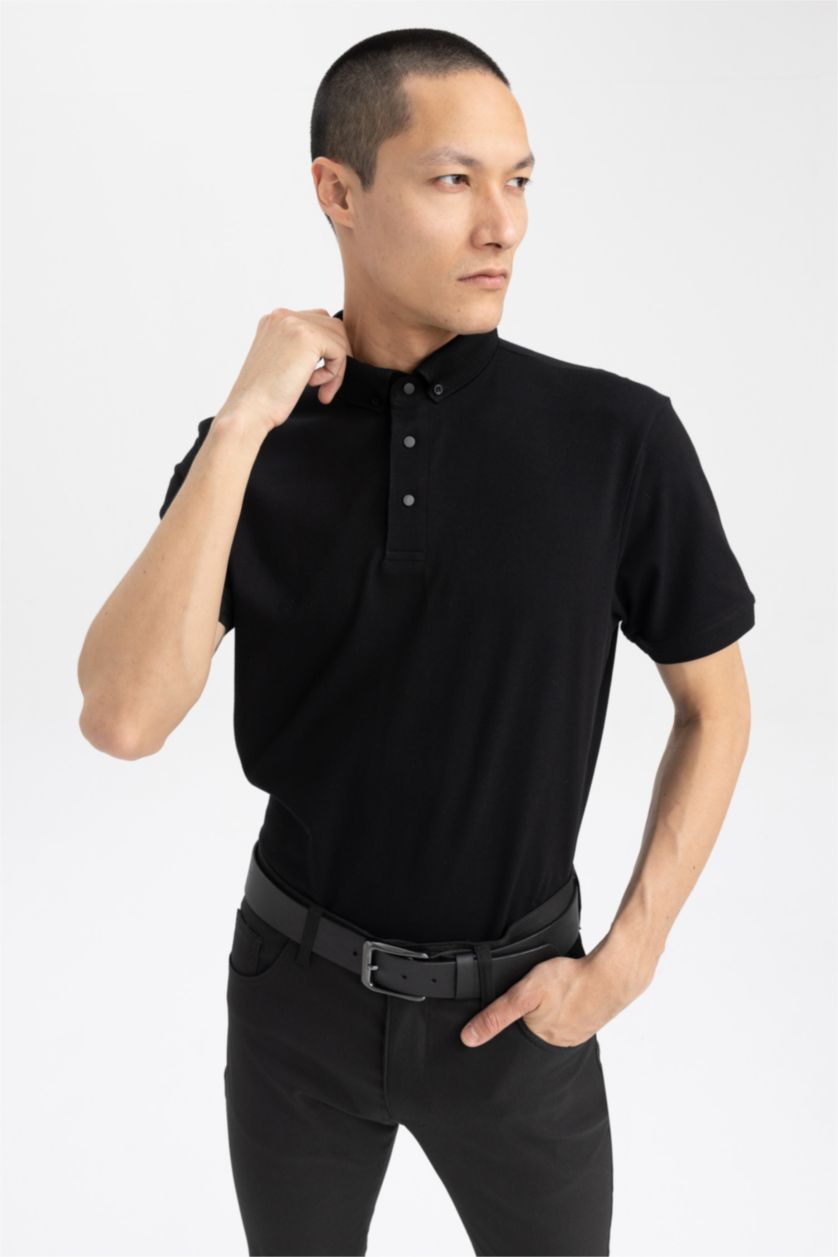 MAN Black Slim Fit Pique Short Sleeve Polo T-Shirt
