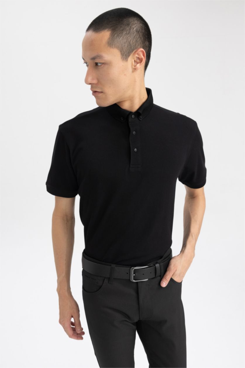 MAN Black Slim Fit Pique Short Sleeve Polo T-Shirt