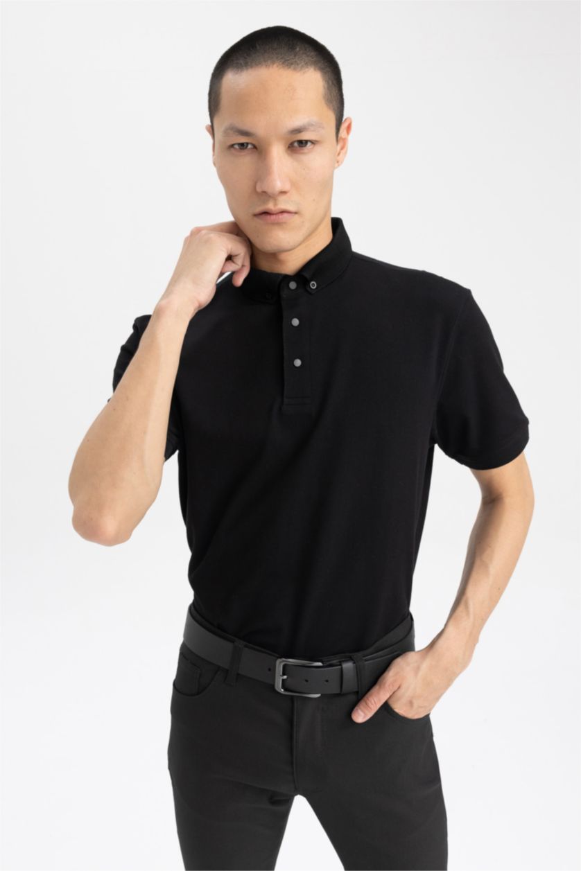 MAN Black Slim Fit Pique Short Sleeve Polo T-Shirt