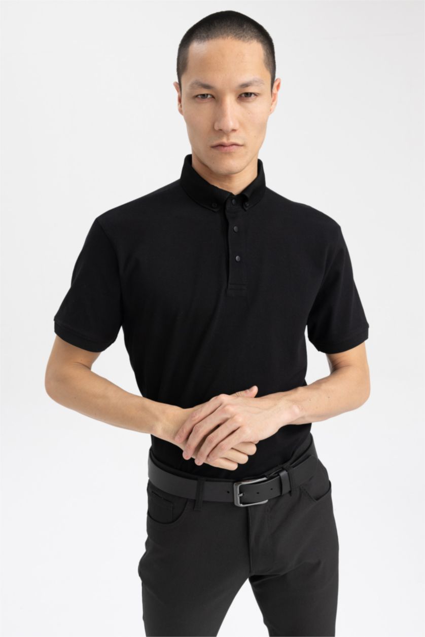 MAN Black Slim Fit Pique Short Sleeve Polo T-Shirt