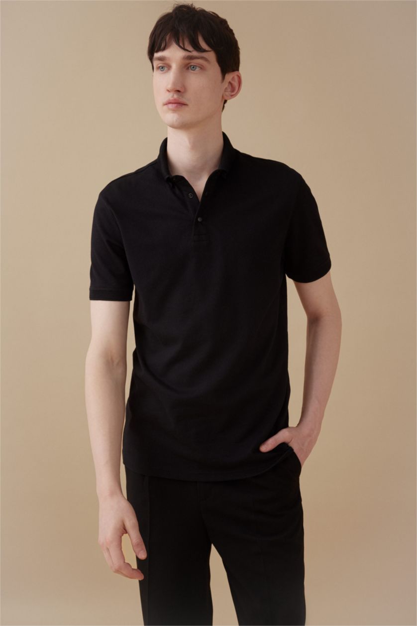 MAN Black Slim Fit Pique Short Sleeve Polo T-Shirt