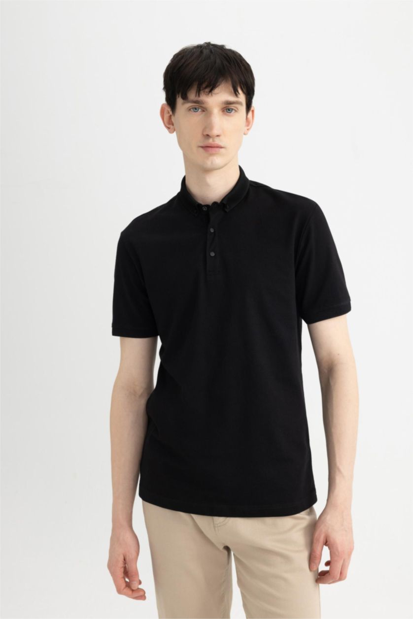 MAN Black Slim Fit Pique Short Sleeve Polo T-Shirt