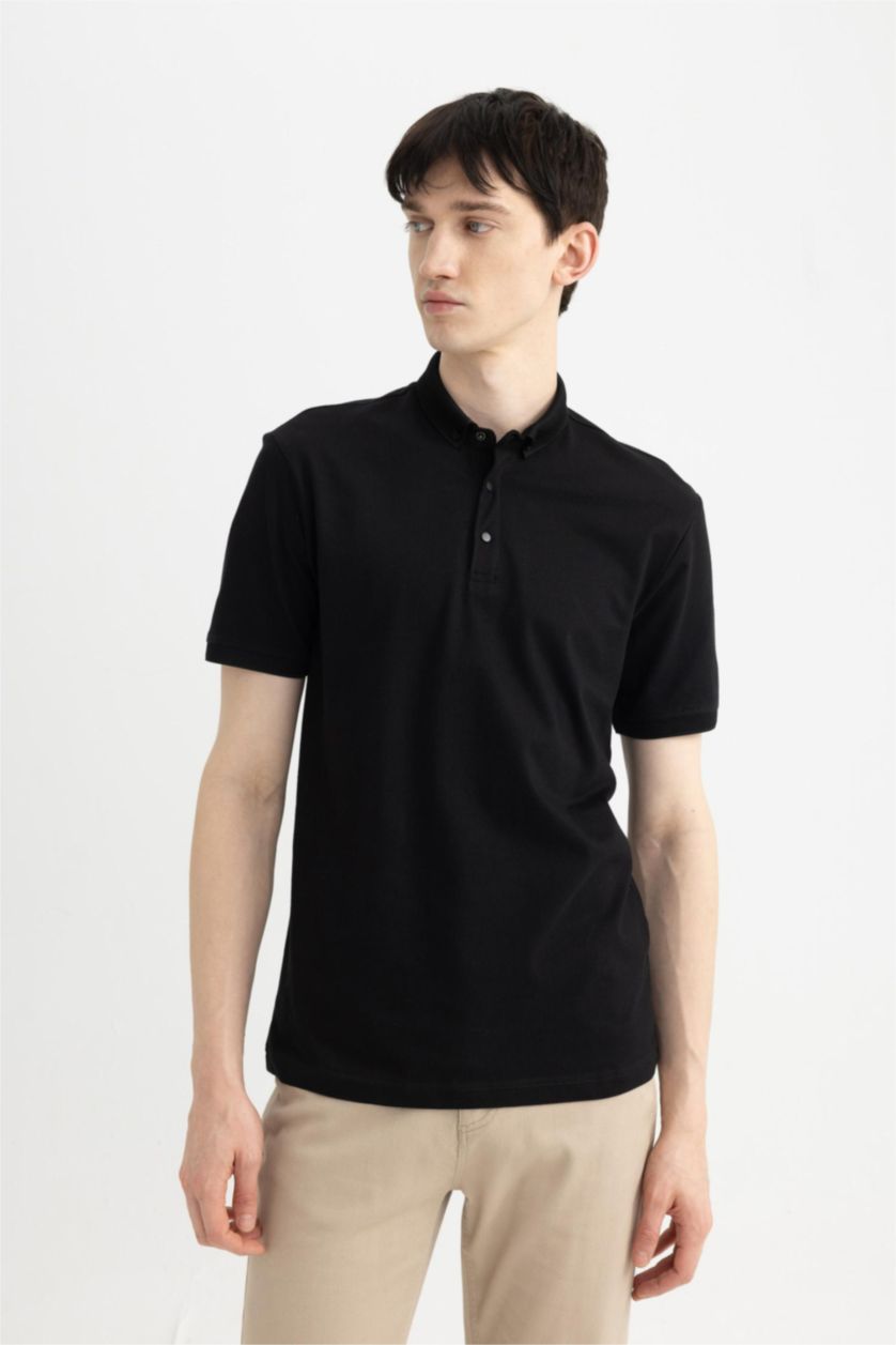 MAN Black Slim Fit Pique Short Sleeve Polo T-Shirt