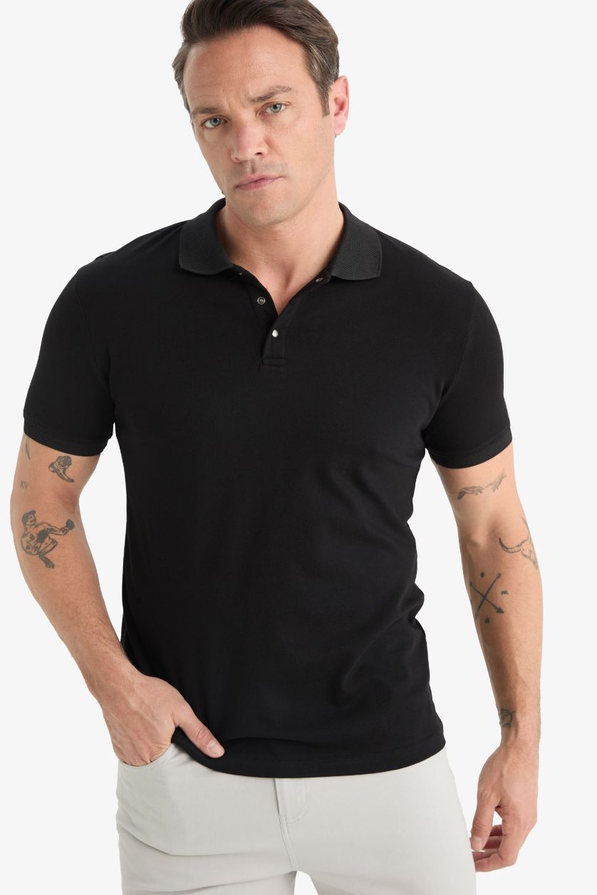 Erkek Siyah Slim Fit Dar Kesim Polo Yaka Kısa Kollu Dokulu Basic Düz Siyah Tişört