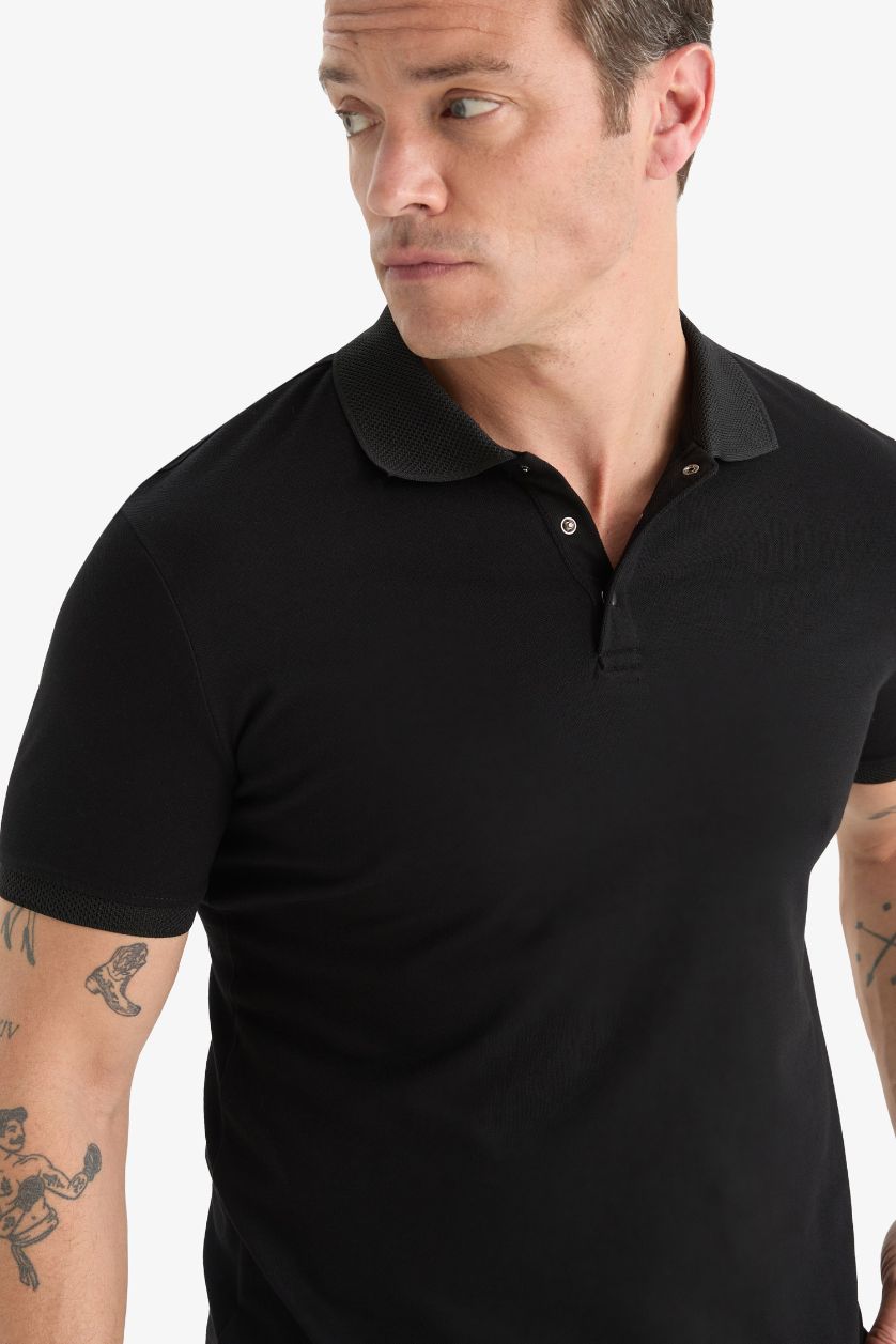 Erkek Siyah Slim Fit Dar Kesim Polo Yaka Kısa Kollu Dokulu Basic Düz Siyah Tişört