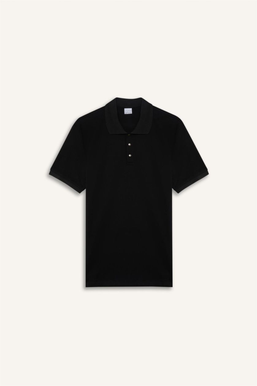 Erkek Siyah Slim Fit Dar Kesim Polo Yaka Kısa Kollu Dokulu Basic Düz Siyah Tişört