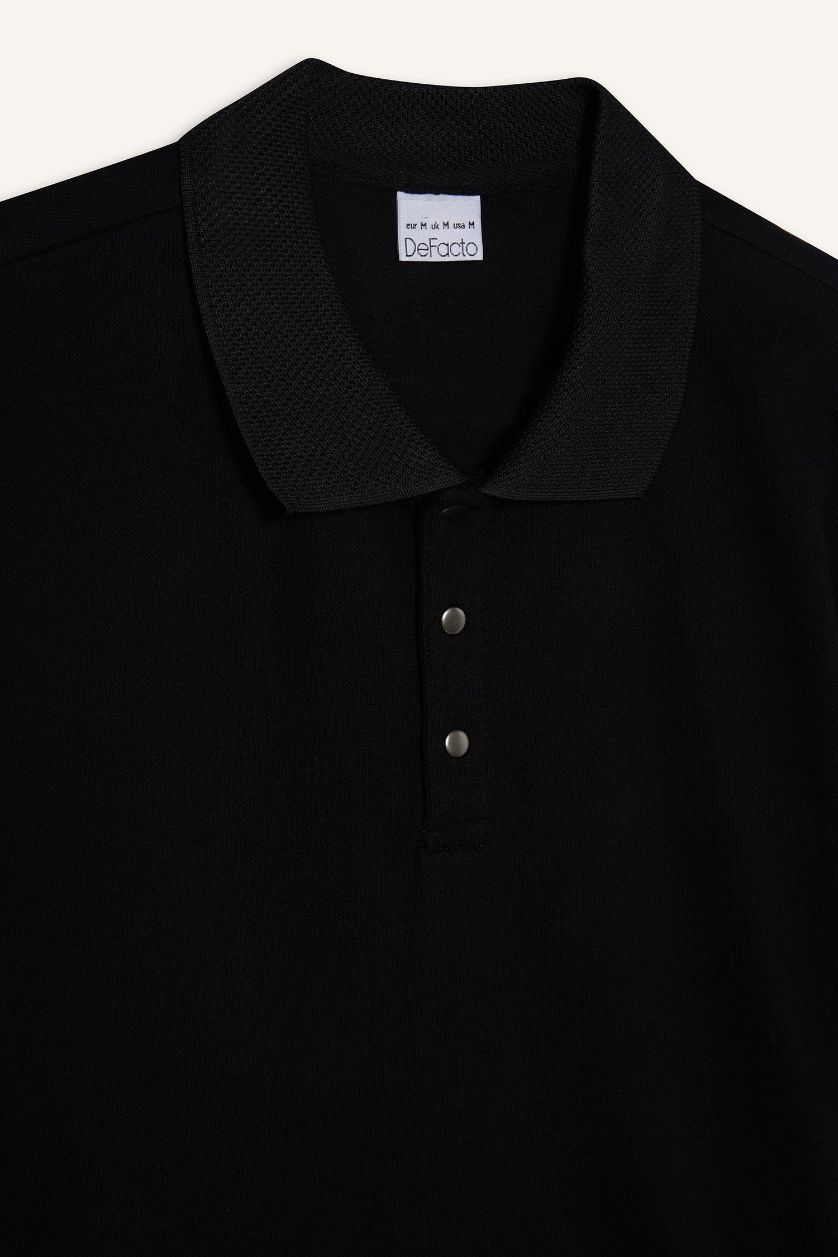 Erkek Siyah Slim Fit Dar Kesim Polo Yaka Kısa Kollu Dokulu Basic Düz Siyah Tişört