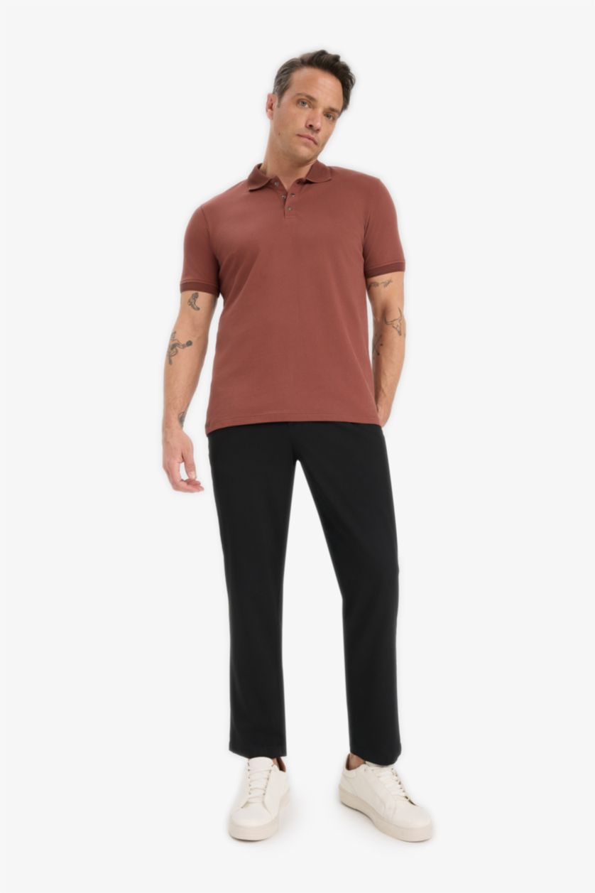 Erkek Kahve Slim Fit Dar Kesim Polo Yaka Kısa Kollu Dokulu Basic Düz Tişört