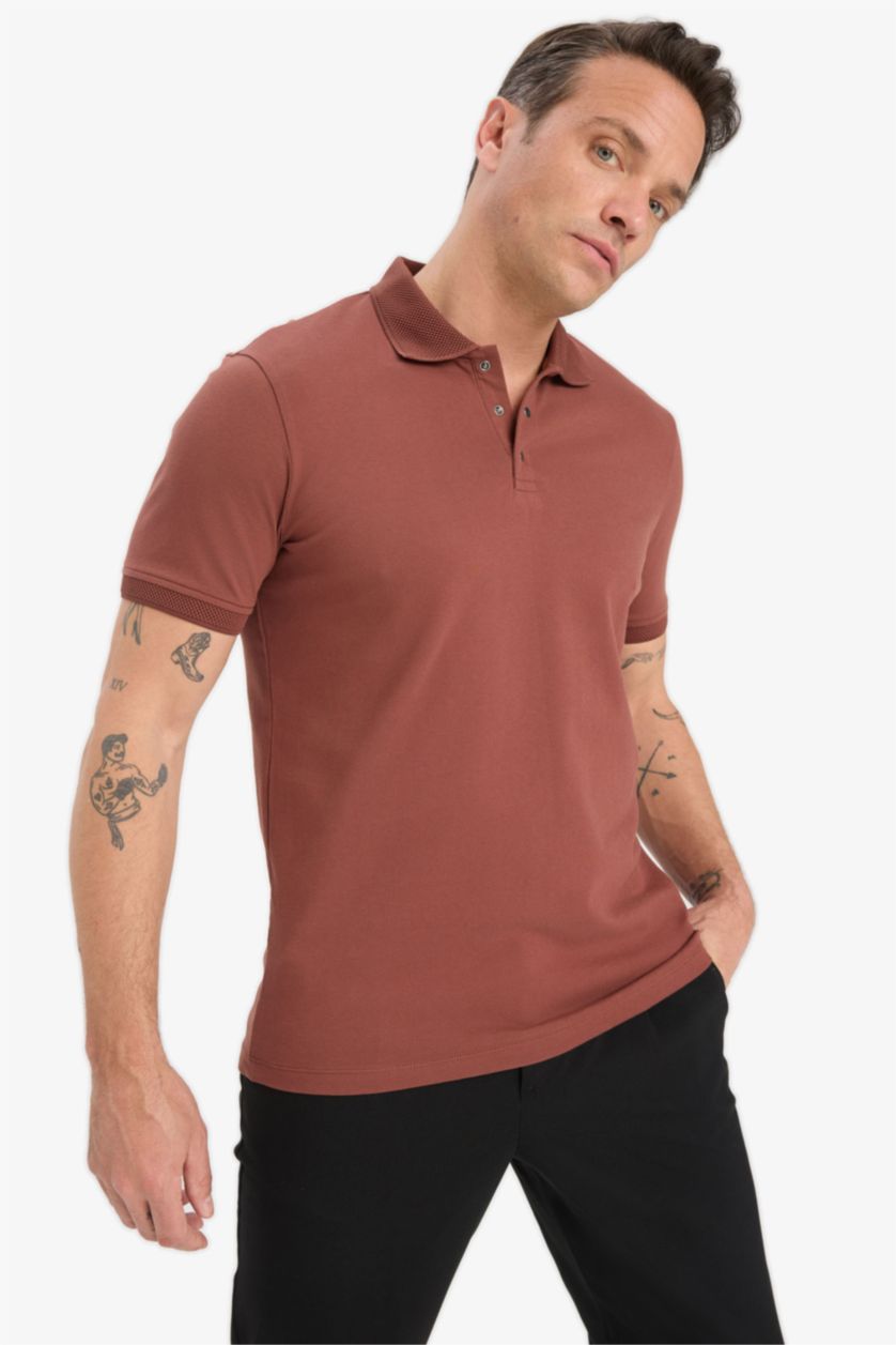 Erkek Kahve Slim Fit Dar Kesim Polo Yaka Kısa Kollu Dokulu Basic Düz Tişört
