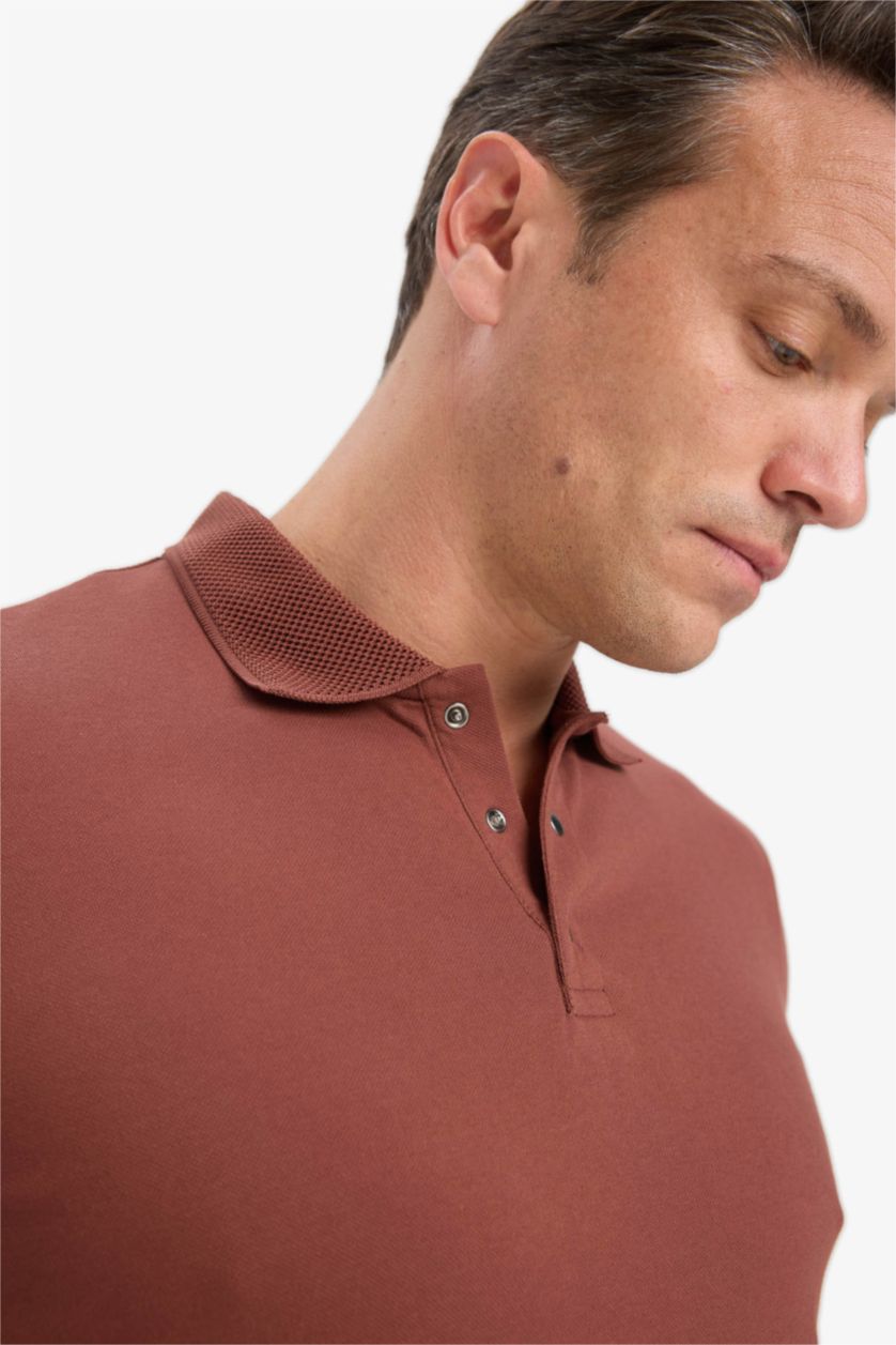 Erkek Kahve Slim Fit Dar Kesim Polo Yaka Kısa Kollu Dokulu Basic Düz Tişört