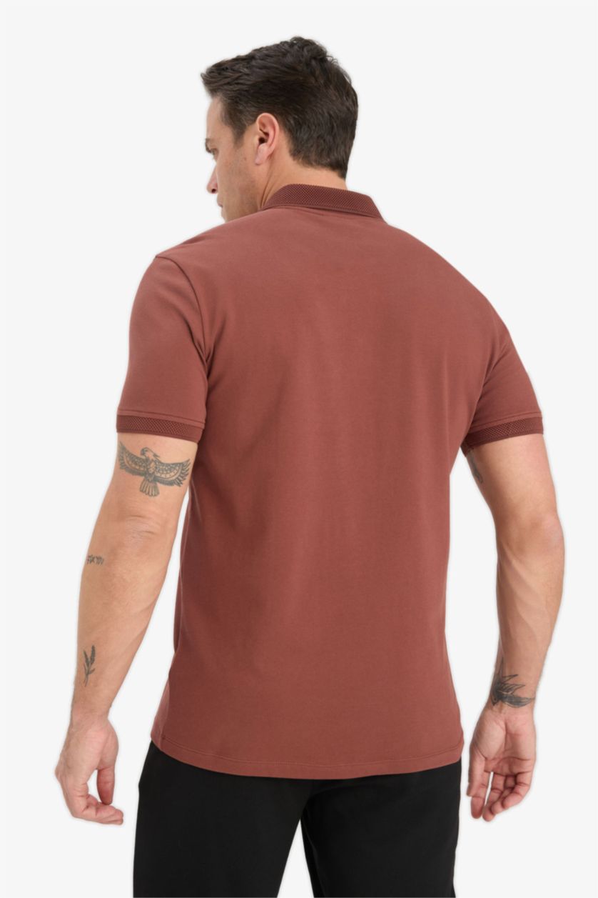 Erkek Kahve Slim Fit Dar Kesim Polo Yaka Kısa Kollu Dokulu Basic Düz Tişört