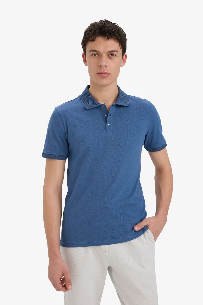 Erkek İndigo Slim Fit Dar Kesim Polo Yaka Kısa Kollu Dokulu Basic Düz Tişört