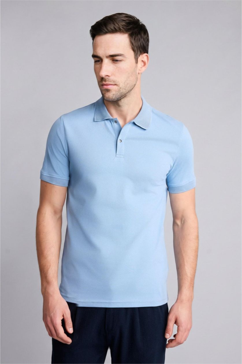 Erkek Mavi Slim Fit Kısa kollu Polo Tişört