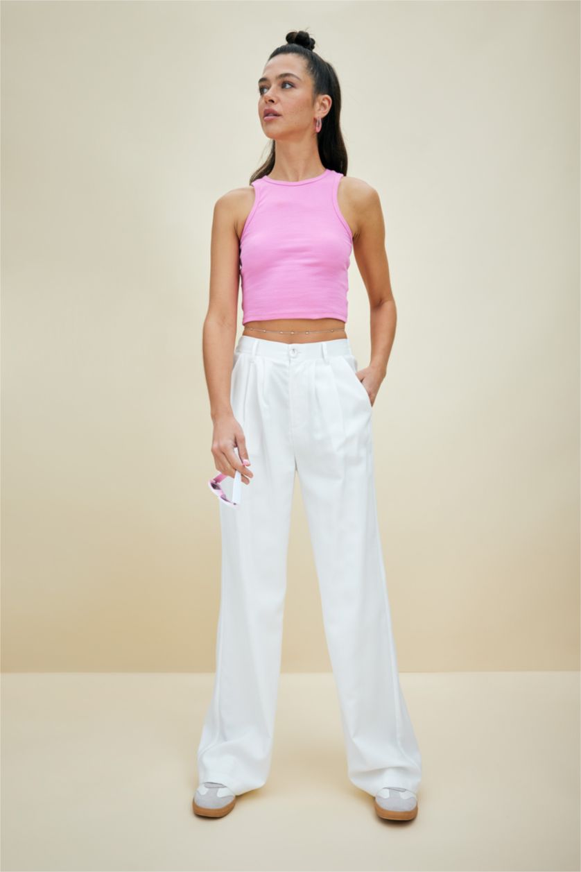 WOMAN Ecru Normal Waist Wide Leg Trousers