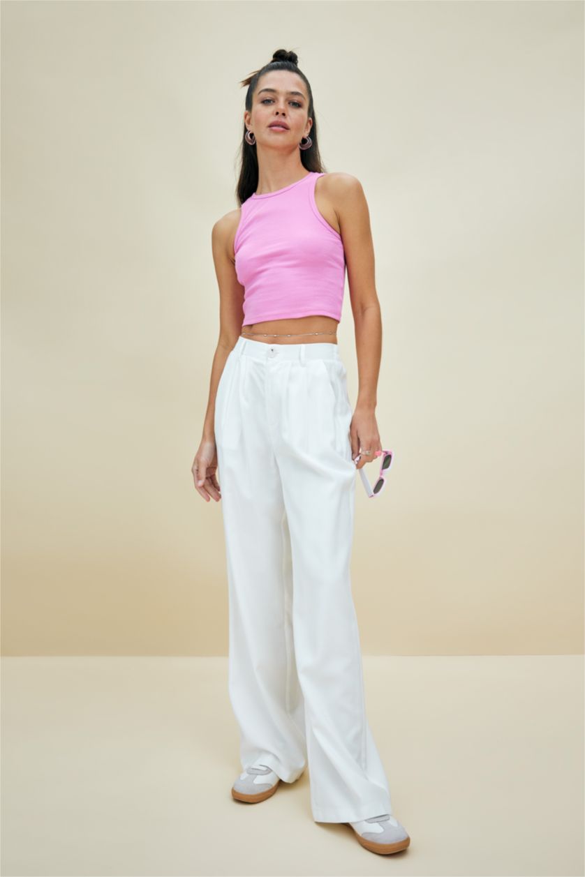 WOMAN Ecru Normal Waist Wide Leg Trousers