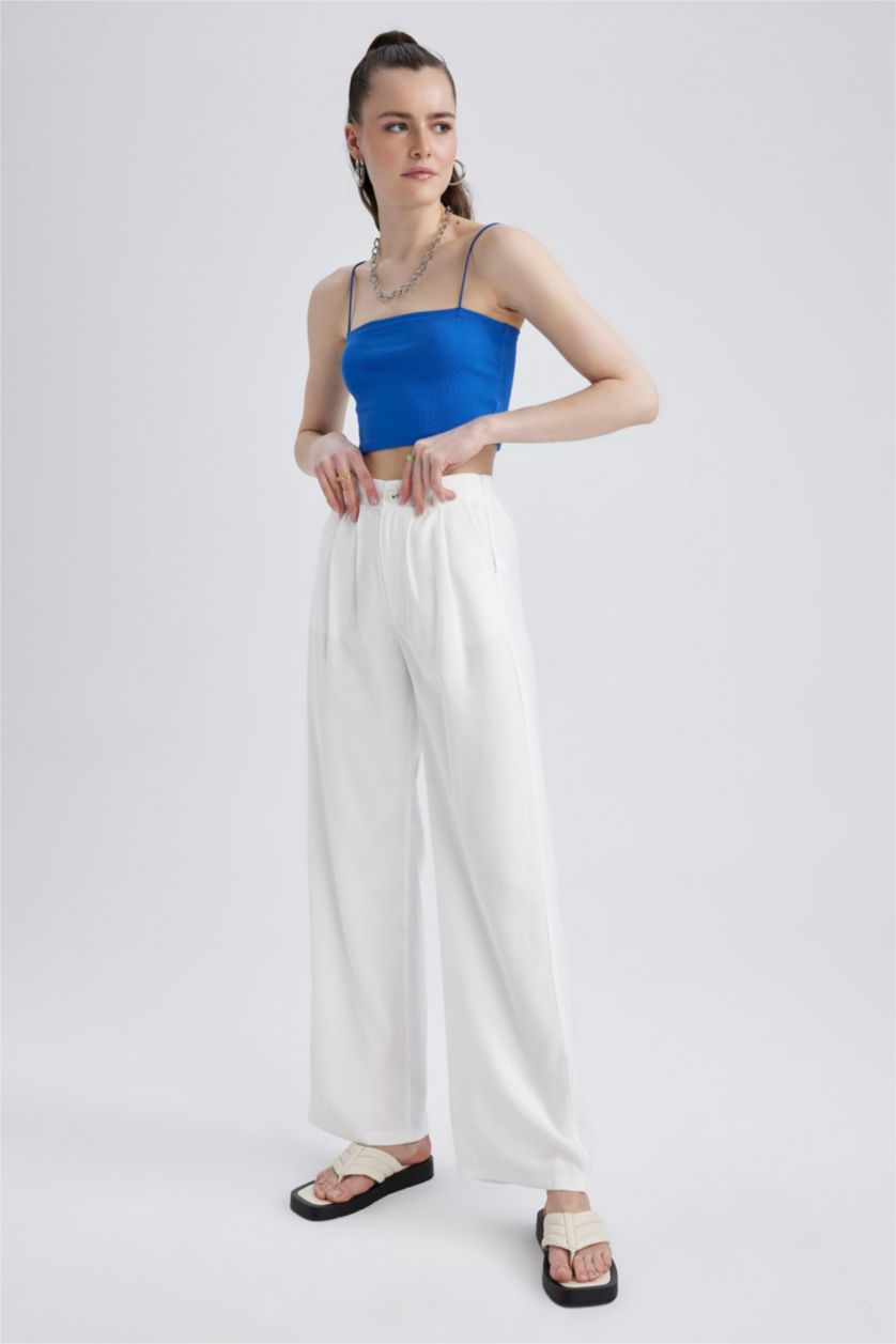 WOMAN Ecru Normal Waist Wide Leg Trousers