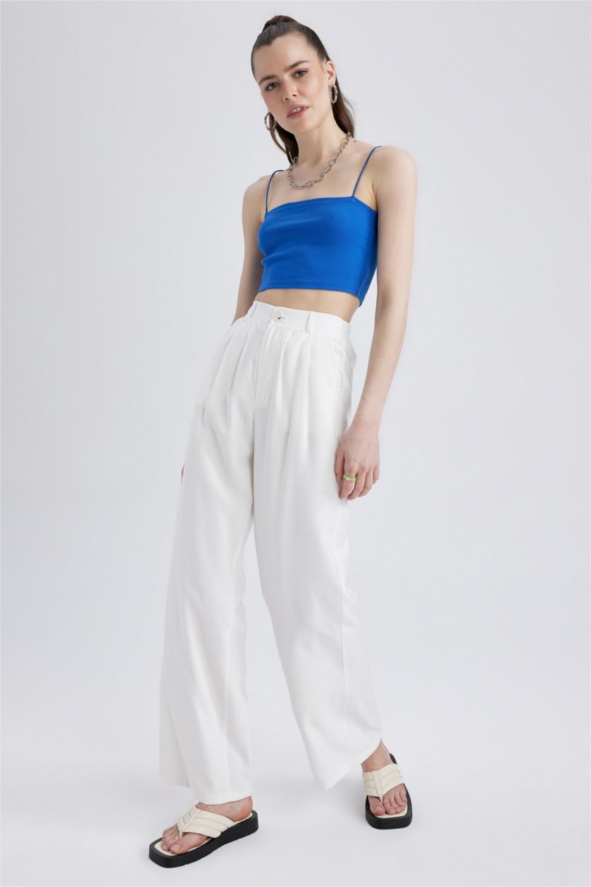 WOMAN Ecru Normal Waist Wide Leg Trousers
