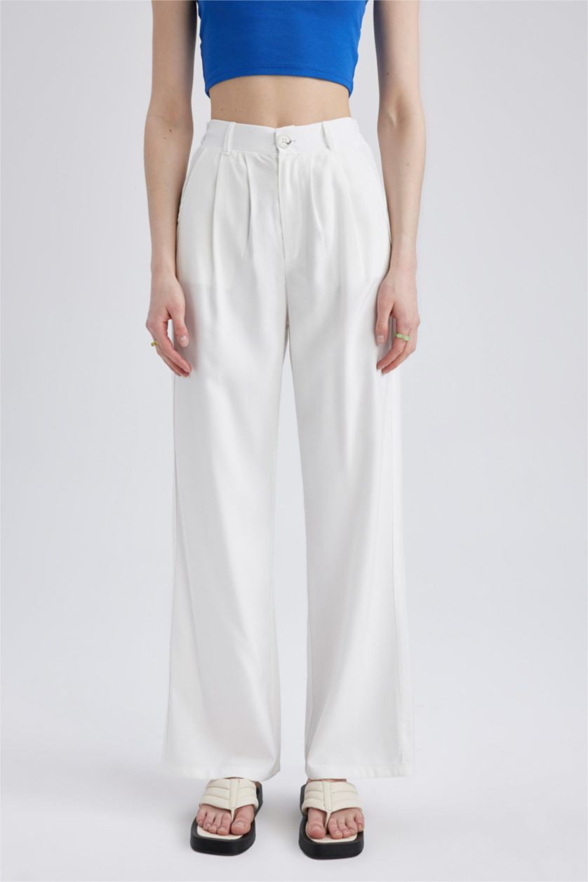 WOMAN Ecru Normal Waist Wide Leg Trousers