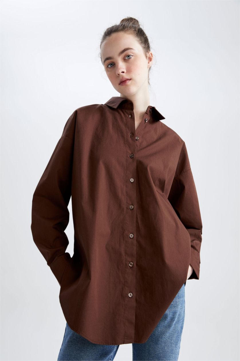 WOMAN Brown Oversize Fit Poplin Shirt Collar Long Sleeve Tunic