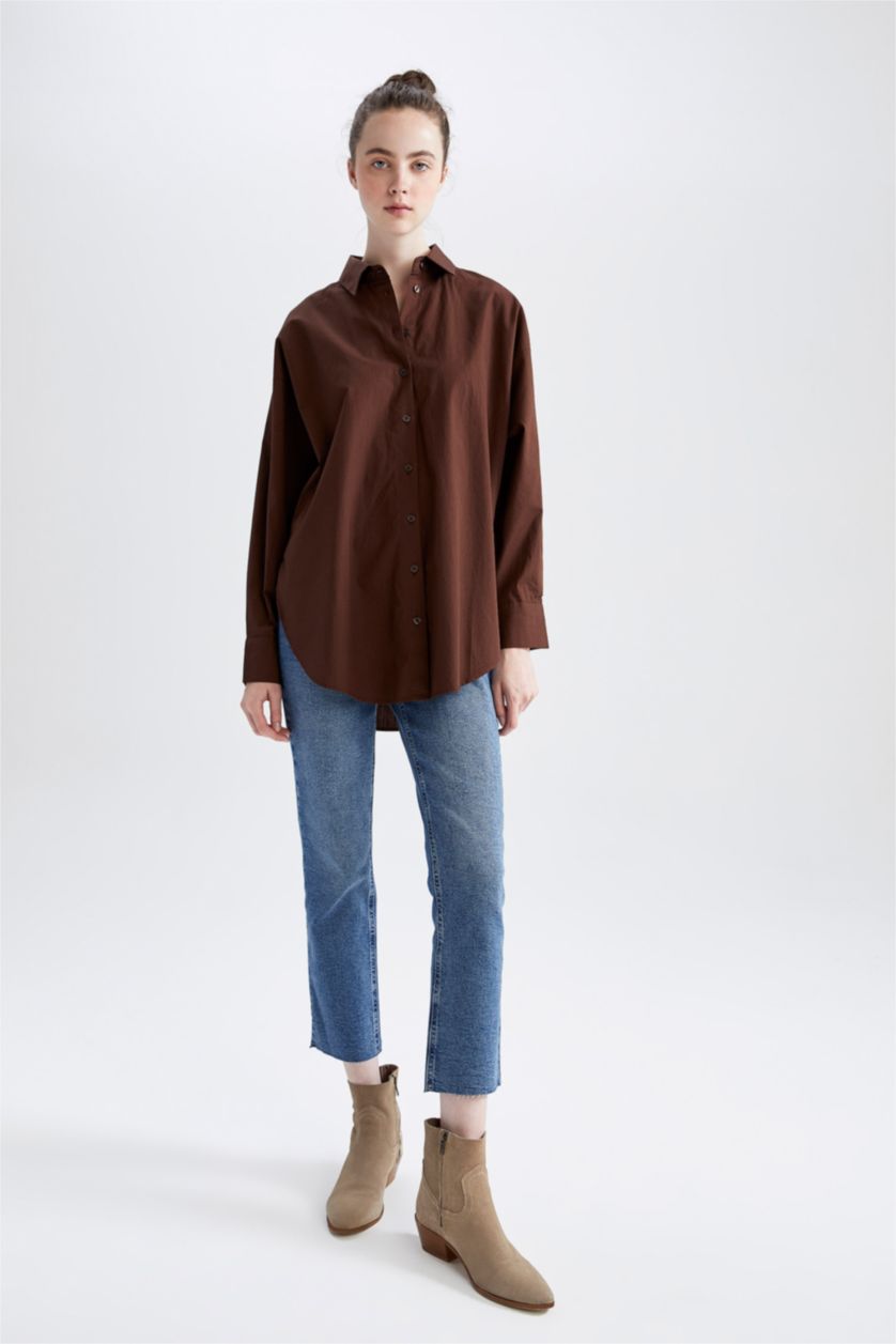 WOMAN Brown Oversize Fit Poplin Shirt Collar Long Sleeve Tunic