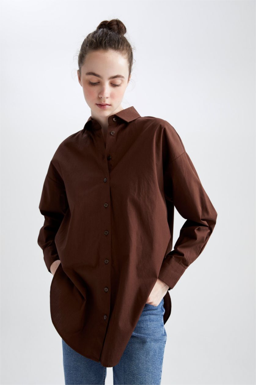 WOMAN Brown Oversize Fit Poplin Shirt Collar Long Sleeve Tunic
