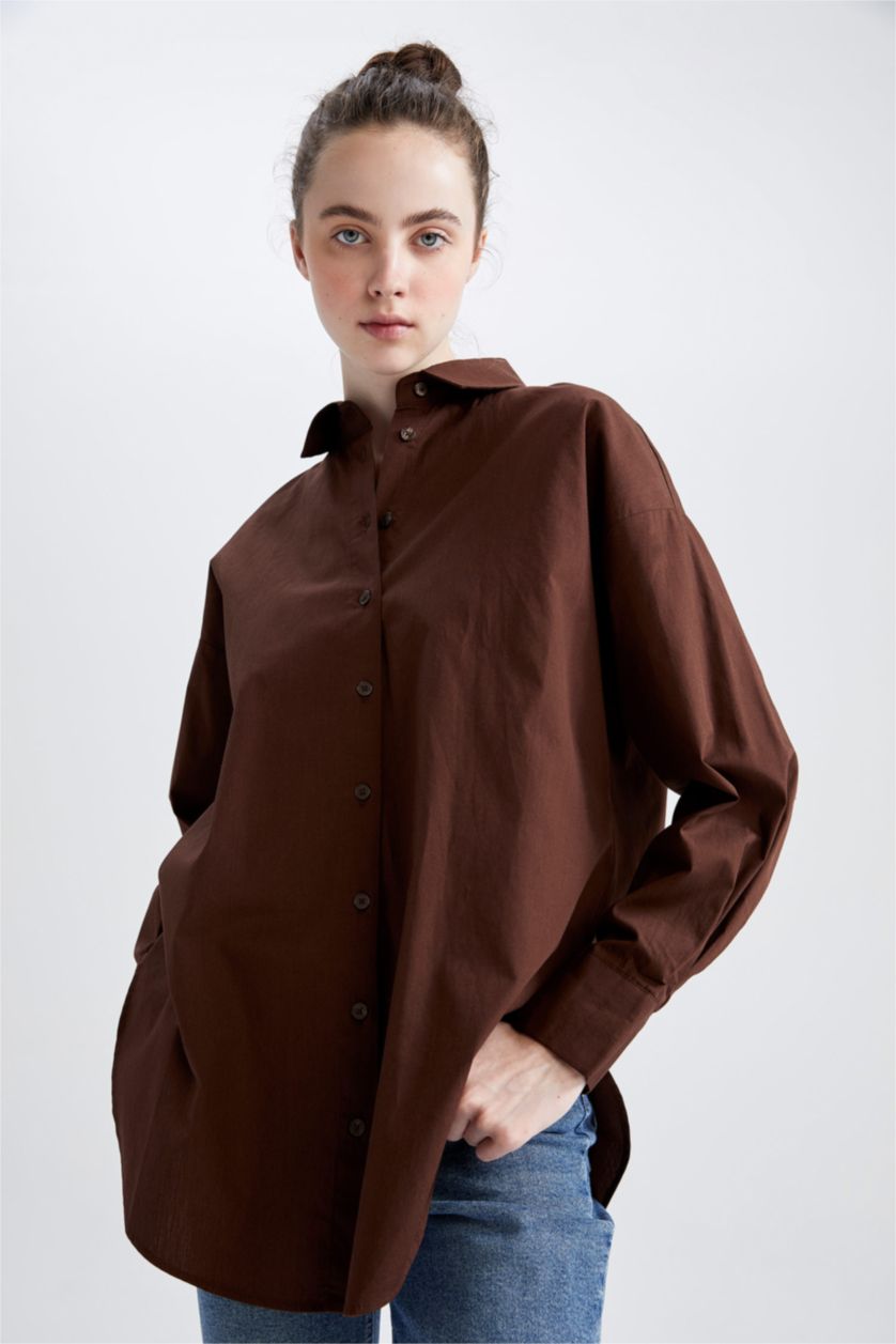 WOMAN Brown Oversize Fit Poplin Shirt Collar Long Sleeve Tunic