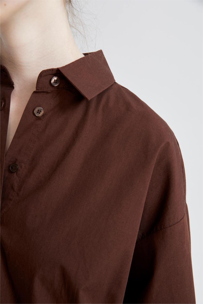 WOMAN Brown Oversize Fit Poplin Shirt Collar Long Sleeve Tunic