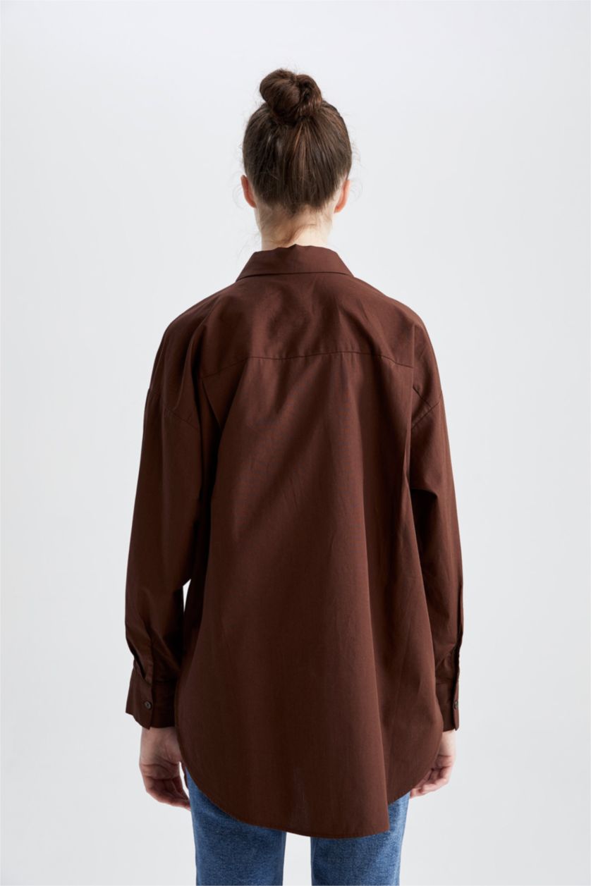 WOMAN Brown Oversize Fit Poplin Shirt Collar Long Sleeve Tunic