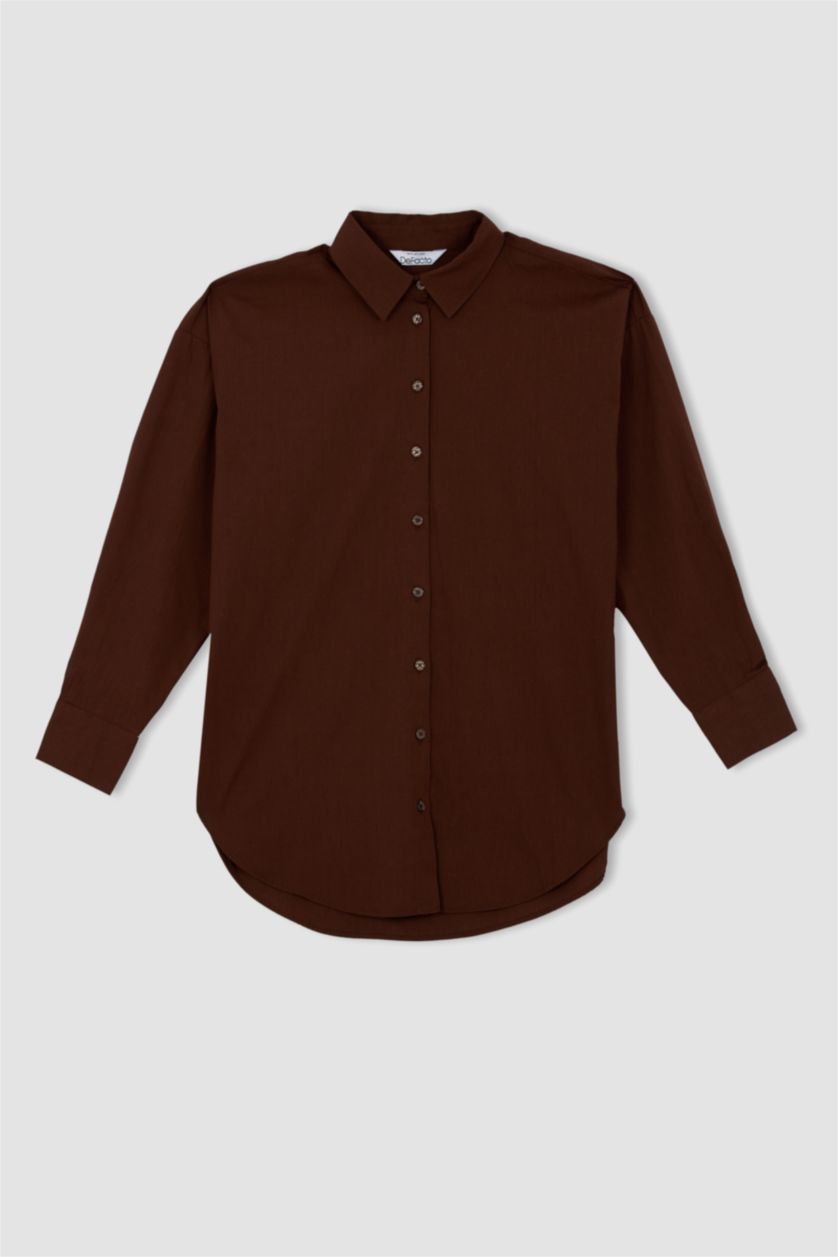 WOMAN Brown Oversize Fit Poplin Shirt Collar Long Sleeve Tunic