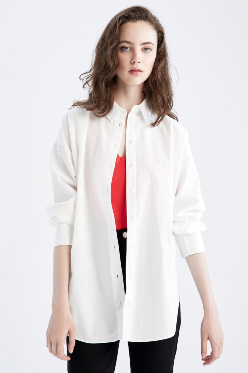 FEMME Blanc Tunique À Manches Longues Popeline Coupe Oversize Col De Chemise