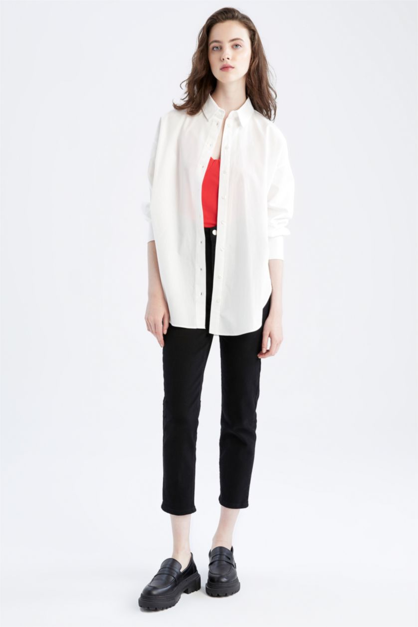 FEMME Blanc Tunique À Manches Longues Popeline Coupe Oversize Col De Chemise