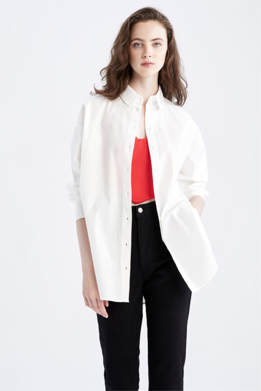 FEMME Blanc Tunique À Manches Longues Popeline Coupe Oversize Col De Chemise