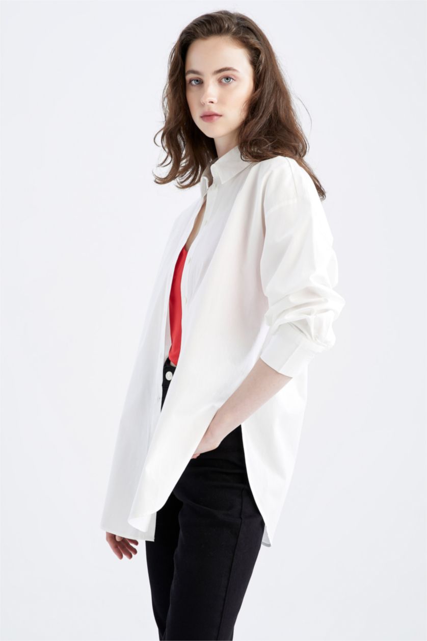 FEMME Blanc Tunique À Manches Longues Popeline Coupe Oversize Col De Chemise