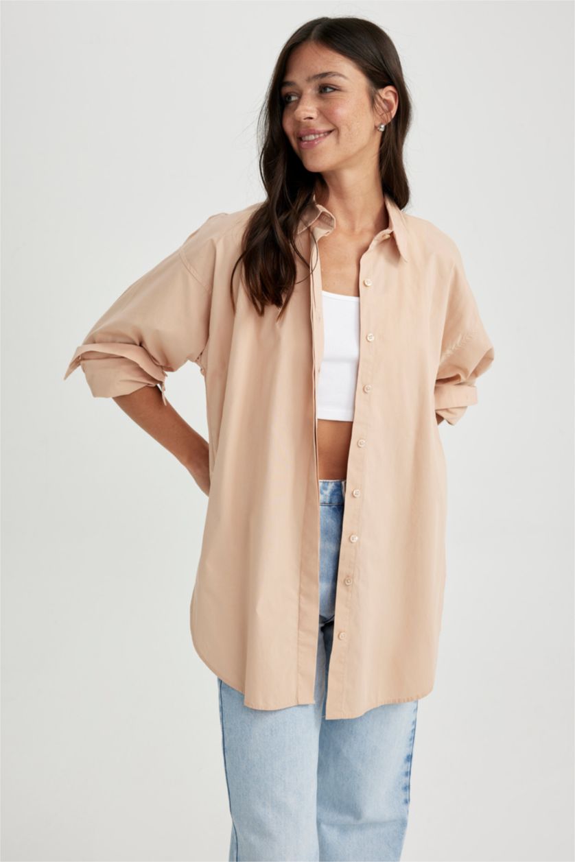 FEMME Beige Tunique À Manches Longues Popeline Coupe Oversize Col De Chemise