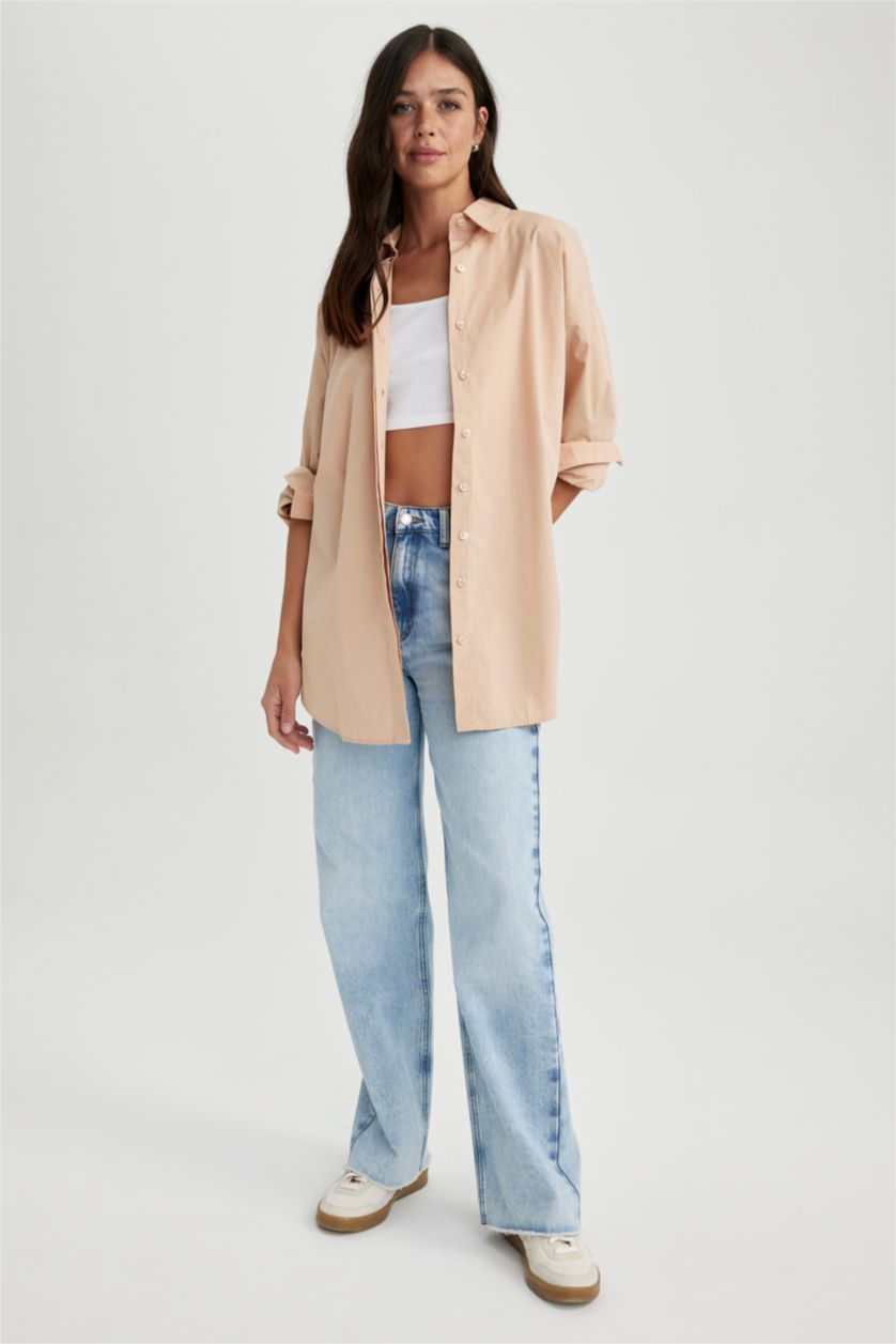 FEMME Beige Tunique À Manches Longues Popeline Coupe Oversize Col De Chemise