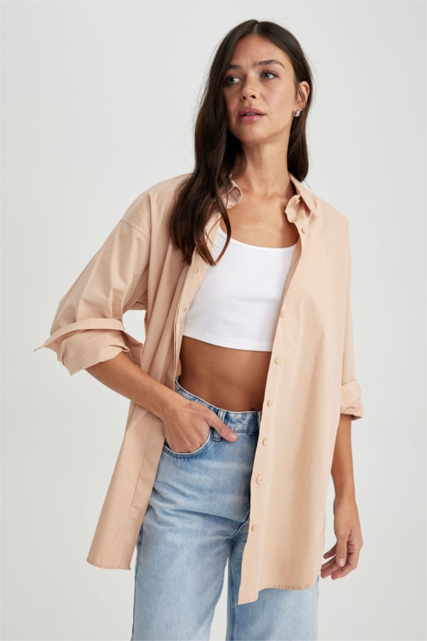 FEMME Beige Tunique À Manches Longues Popeline Coupe Oversize Col De Chemise