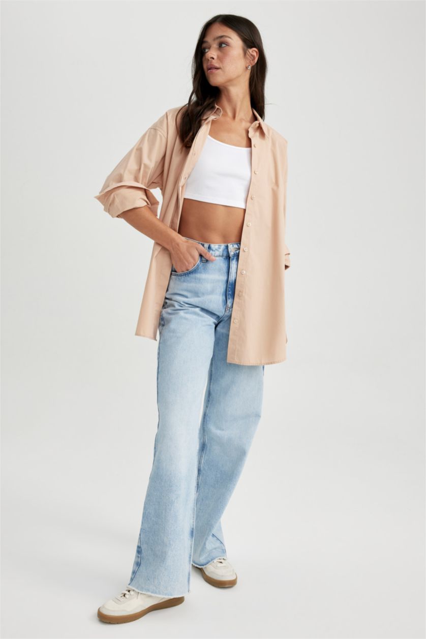 FEMME Beige Tunique À Manches Longues Popeline Coupe Oversize Col De Chemise