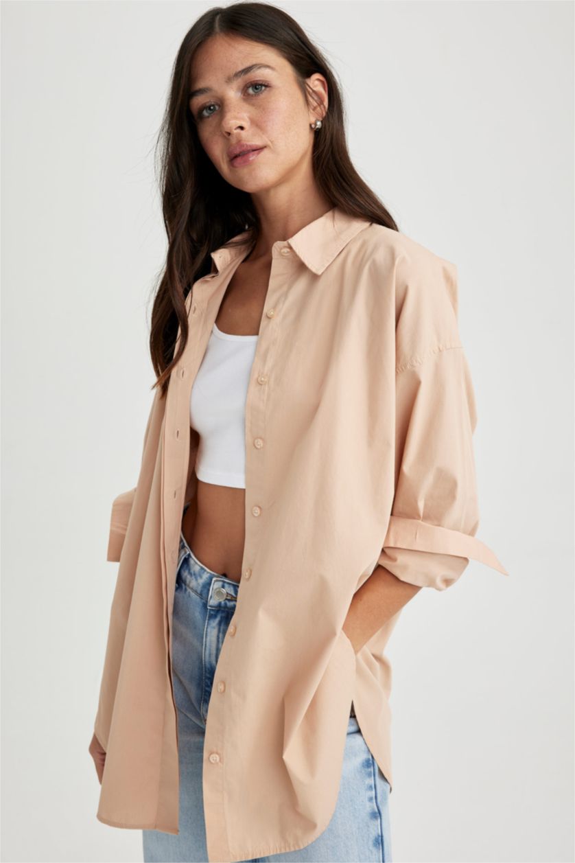 FEMME Beige Tunique À Manches Longues Popeline Coupe Oversize Col De Chemise