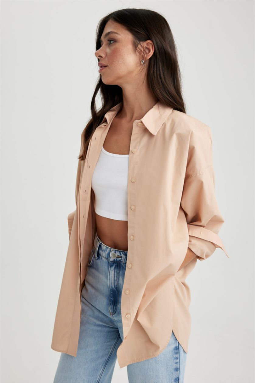 FEMME Beige Tunique À Manches Longues Popeline Coupe Oversize Col De Chemise