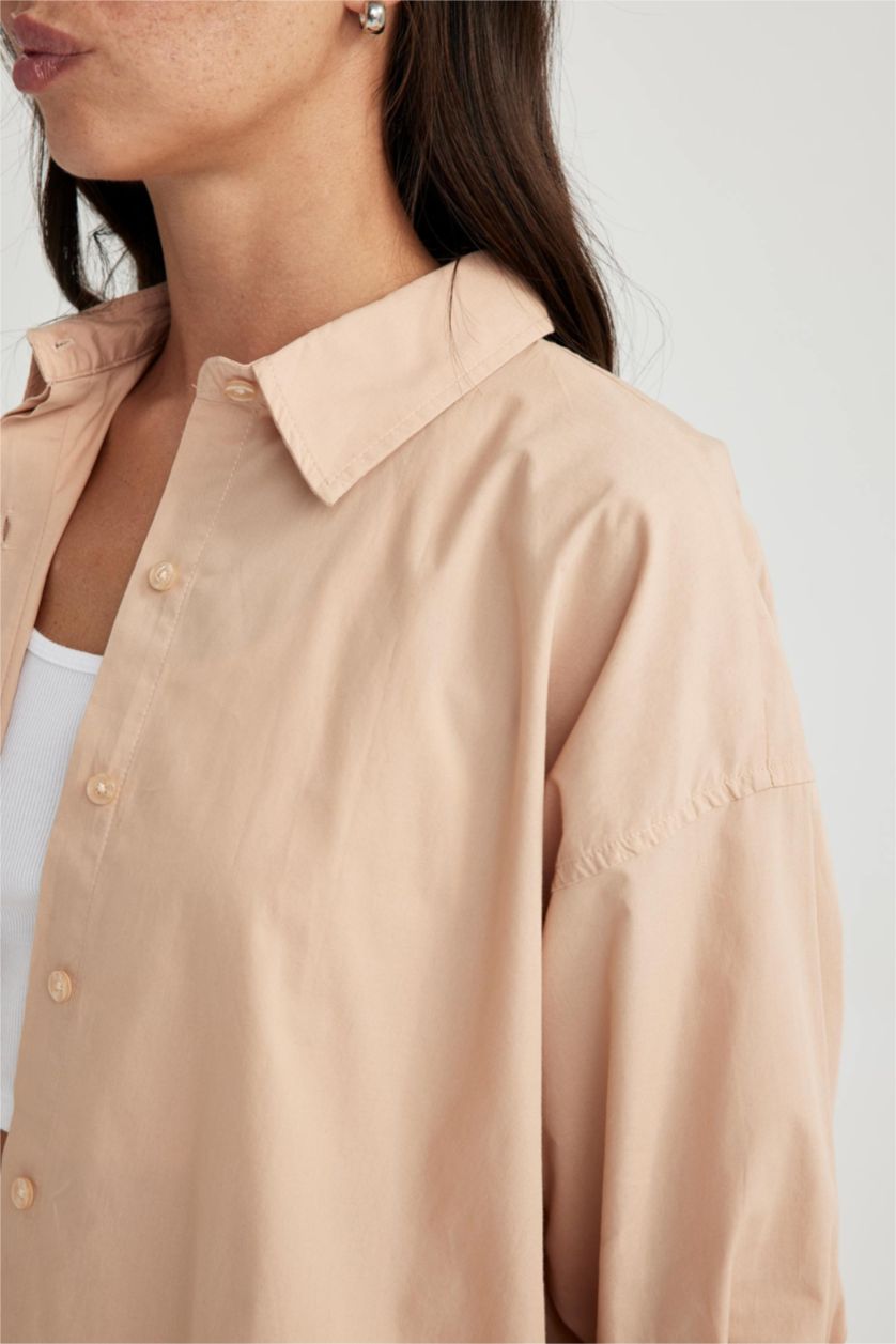 FEMME Beige Tunique À Manches Longues Popeline Coupe Oversize Col De Chemise