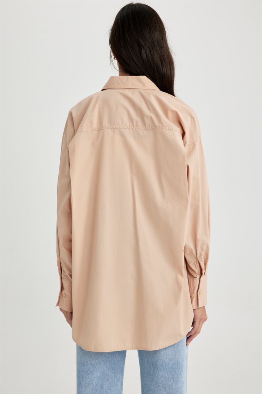 FEMME Beige Tunique À Manches Longues Popeline Coupe Oversize Col De Chemise