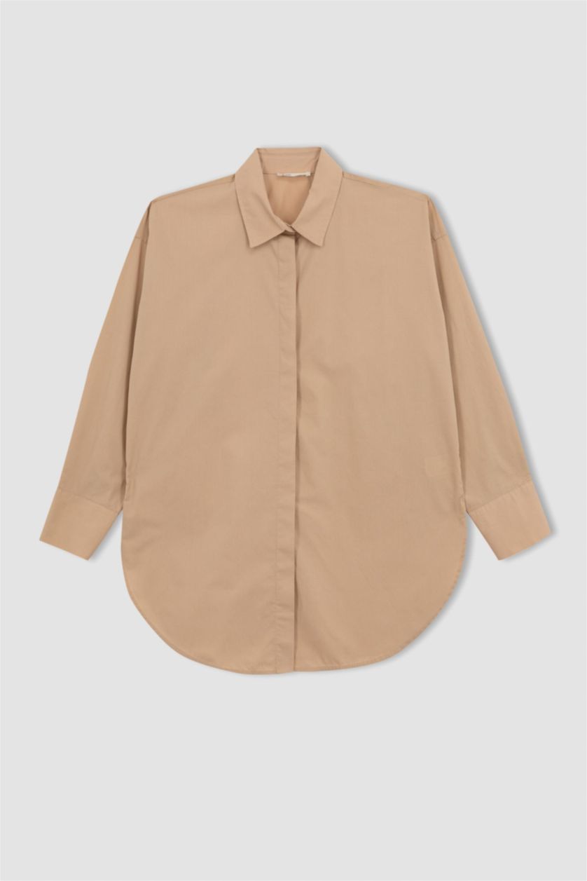 FEMME Beige Tunique À Manches Longues Popeline Coupe Oversize Col De Chemise