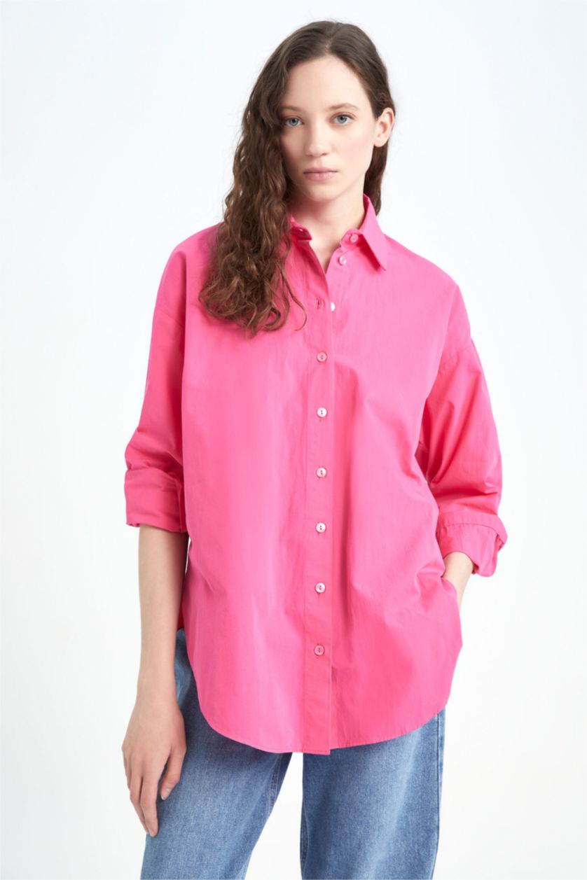 WOMAN Fushsia Oversize Fit Poplin Shirt Collar Long Sleeve Tunic