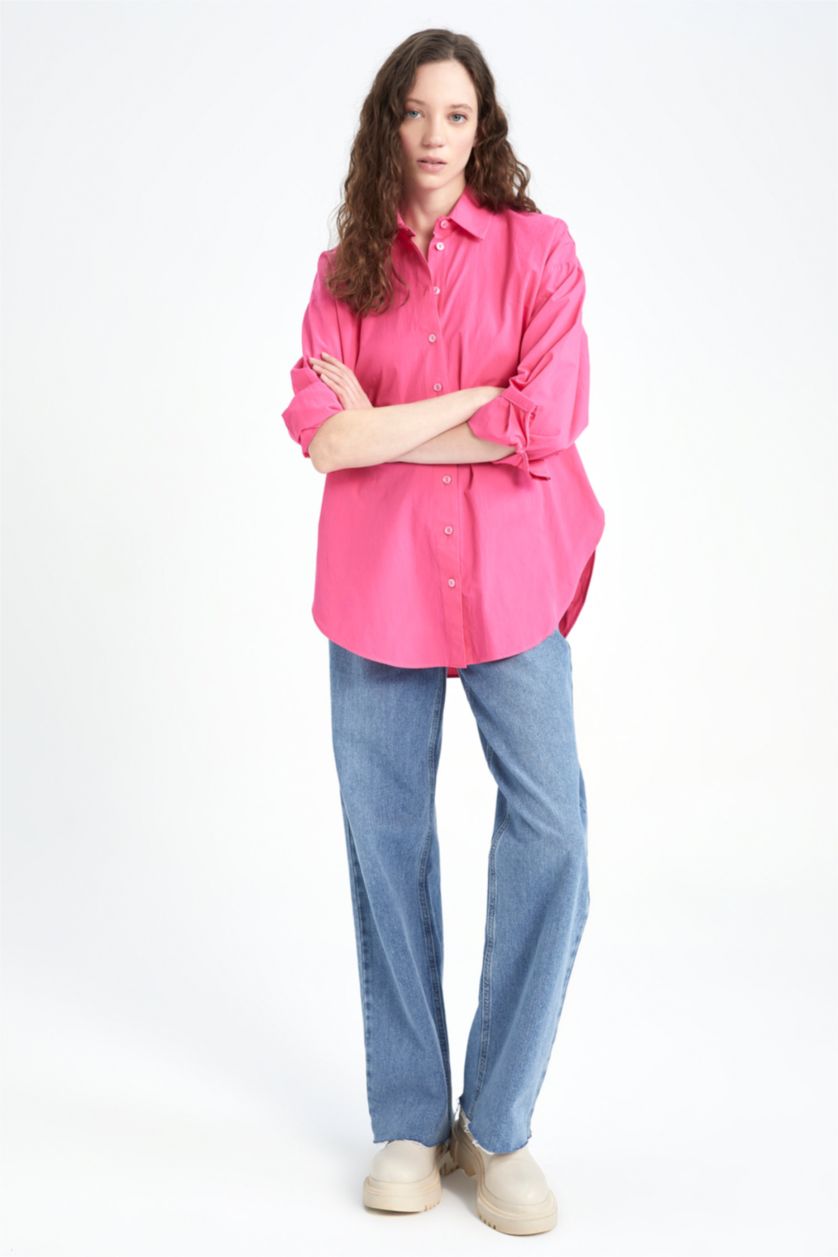 WOMAN Fushsia Oversize Fit Poplin Shirt Collar Long Sleeve Tunic