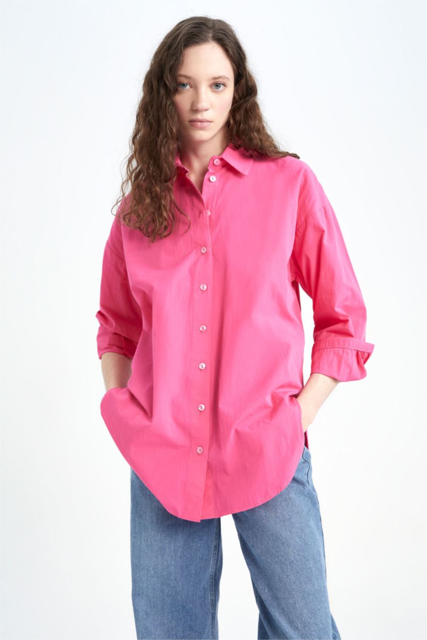 WOMAN Fushsia Oversize Fit Poplin Shirt Collar Long Sleeve Tunic