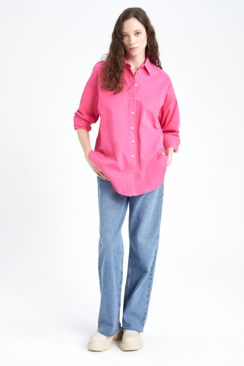 WOMAN Fushsia Oversize Fit Poplin Shirt Collar Long Sleeve Tunic